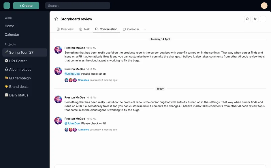 A project conversation, with replies threaded beside the work they belong to.