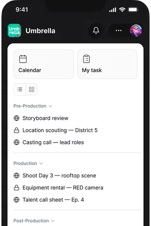 Umbrella on a phone, showing the day's tasks grouped by production stage.